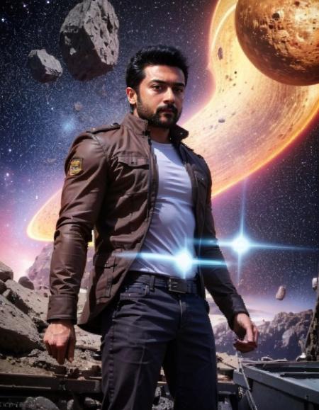 Photo of a young adventurer ((Suriya))<lora:Suriya:1>, sitting on a research platform floating in the middle of an asteroid belt. He is standing with a notebook, surrounded by several asteroids glowing with fiery auras. Dramatic lighting from distant stars and planets illuminates the scene, casting deep shadows on the suit. The young man looks confident and determined, looking at the vast and mysterious universe with wonder and respect,facial hair, cowboy shot,