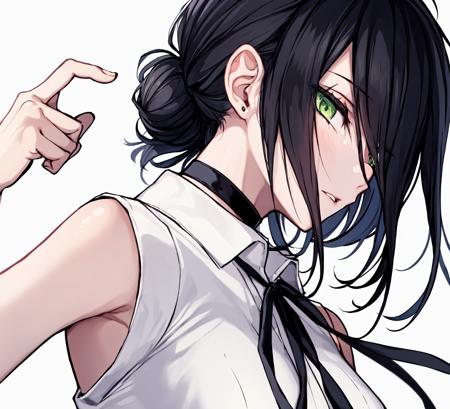 1girl,solo,reze (chainsaw man),black hair,shirt,choker,white background,ribbon,black choker,simple background,white shirt,collared shirt,sleeveless,green eyes,black ribbon,hair bun,single hair bun,breasts,upper body,looking at viewer,sleeveless shirt,neck ribbon,parted lips,short hair,bare shoulders,hair between eyes,medium breasts,medium hair,