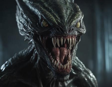 ugly alien showing teeth, sharp teeth, solo, horror (theme), realistic, open mouth, slit pupils, no humans, monster, looking at viewer, pointy ears, black eyes, colored skin, , blurry, scales