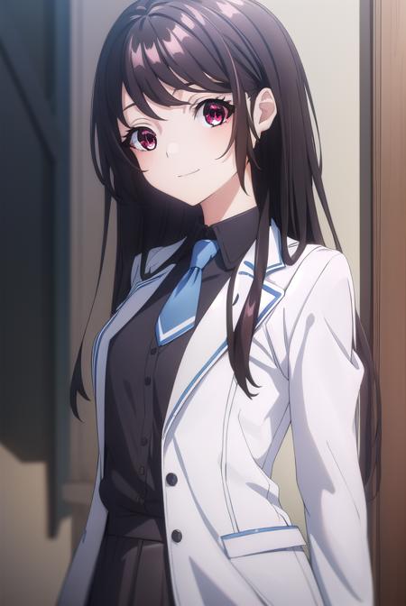 kaorihoujou, <lora:kaori houjou s1-lora-nochekaiser:1>,
kaori houjou, long hair, bangs, (black hair:1.5), (red eyes:1.3), sidelocks, smile,
BREAK skirt, shirt, long sleeves, school uniform, jacket, necktie, collared shirt, uniform, (black shirt:1.5), (white jacket:1.5), blue necktie,
BREAK indoors, classroom,
BREAK looking at viewer, (cowboy shot:1.5),
BREAK <lyco:GoodHands-beta2:1>, (masterpiece:1.2), best quality, high resolution, unity 8k wallpaper, (illustration:0.8), (beautiful detailed eyes:1.6), extremely detailed face, perfect lighting, extremely detailed CG, (perfect hands, perfect anatomy),