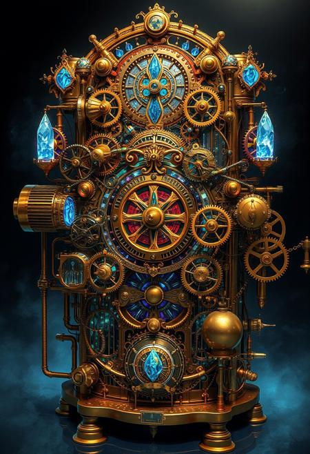 A marvelously intricate steampunk quantum computer stands before your eyes, a fusion of Victorian elegance and futuristic technology. Gears gleam in polished brass, interwoven with elaborate clockwork mechanisms and glowing crystals pulsating with otherworldly energy. This striking image, envisioned as a digital painting, showcases the machine's ornate design and cutting-edge functionality. Every detail is meticulously rendered, creating a visually stunning masterpiece that captivates the viewer with its intricate beauty and technological brilliance.