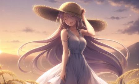 ((masterpiece)), (((best quality))), ((ultra-detailed)), ((illustration)), finely detail, extremely detailed CG unity 8k, highres, beautiful detailed eyes, finely detail, beautiful detailed eyes
1girl, long hair, dress, hat, solo, closed eyes, low-tied long hair, purple hair, outdoors, open mouth, white dress, smile, straw hat, breasts, sky, very long hair, sleeveless, cloud, sundress, hand on headwear, sleeveless dress, sunset, :d, standing, wind, ear of rice, backlight