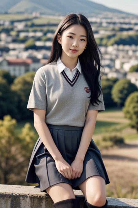 1 woman, 22yo, realistic, masterpiece, high detailed skin, looking at viewer, full body shot, scenic view, long hair, black hair
 <lora:Grey_School_Dress_By_Stable_Yogi:1> school uniform, grey skirt, grey sweater, shirt, tie, short sleeves, socks, boots