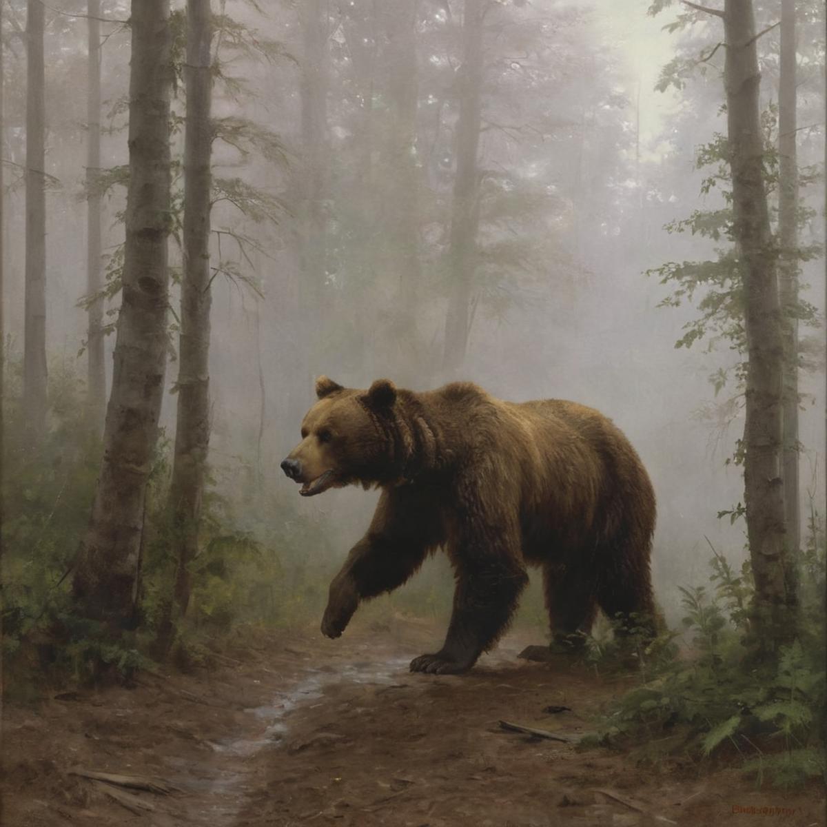 A large brown bear walking through a forest on a path.