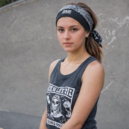 portrait of a skater girl, sk8ter girl, Casual, cool, rebellious, skateboard-toting, street-smart, athletic, independent, trendy, daring, bandana, mid riff, back ground skate park