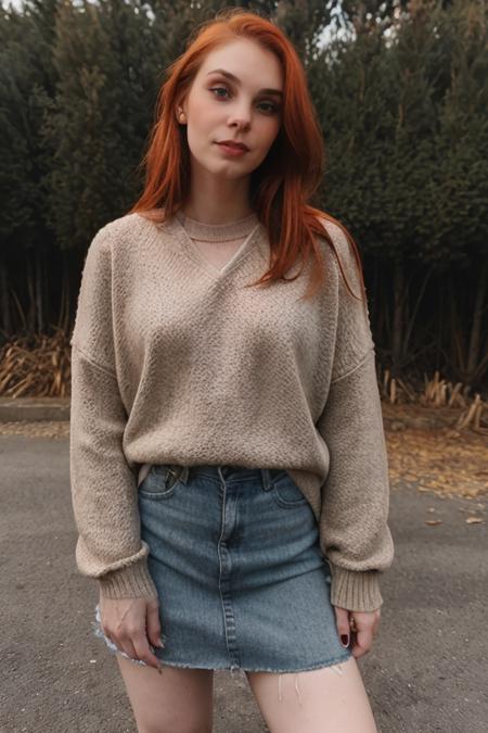 <lora:EvyDodl-000001:0.8> sweaty, cute girl, photograph, evydodl, 1girl, redhair, (slender body), (wearing makeup), (sweater), ((half-length portrait)), standing pose, outdoors, detailed skin, perfect composition, High Detail, absurdres, perfect lighting.<lora:lcm-lora-sdv1-5:1.0><lora:lcm-lora-sdv1-5:1.0><lora:lcm-lora-sdv1-5:1.0>