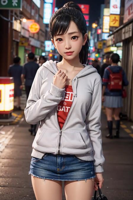 sawamura haruka, ryu ga gotoku, yakuza, bangs, black hair, ponytail, swept bangs, brown eyes, lips, in the district of Kabukicho, small breasts, red t-shirt, denim skirt, grey hoodie jacket, hoodie down, brown boots, cute, kawaii pose, looking at viewer, (((best quality, masterpiece))), (((extremely detailed))), RAW photo, realistic, cinematic lighting, best quality, 8k uhd, realistic, (unreal engine 5), , <lora:Sawamura Haruka v2:1>