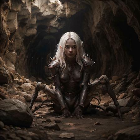 highly detailed photo of a drider in a cave,
1girl, solo:1.2, no humans, 
(spider legs, arthropod limbs, multiple legs):1.25,

long hair, 
white hair, armor, colored skin, cave,

looking at viewer,
detailed elven female face, arachnid body has spider legs,

realistic:1.0, depth of field, blurry, blurry background,

light and dark,
silhouette lighting,
best quality, intricate details,







