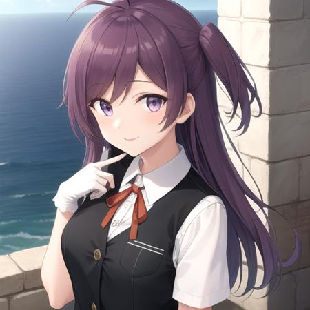 ((masterpiece)),(best quality),official art,extremely detailed CG,unity 8k wallpaper,ultra detailed,A lighthouse on a cliff by the sea,1girl,solo,upper body,(portrait:1.2),long_hair,purple_hair,one_side_up,ahoge,red_ribbon,pleated_skirt,fingerless_gloves,neck_ribbon,white_shirt,black_skirt,blouse,black_vest,short_sleeves,smile,socks,buttons,purple_eyes,kneehighs,black_gloves,medium breasts,school_uniform,looking_at_viewer,<lora:hagikaze(kan)>,