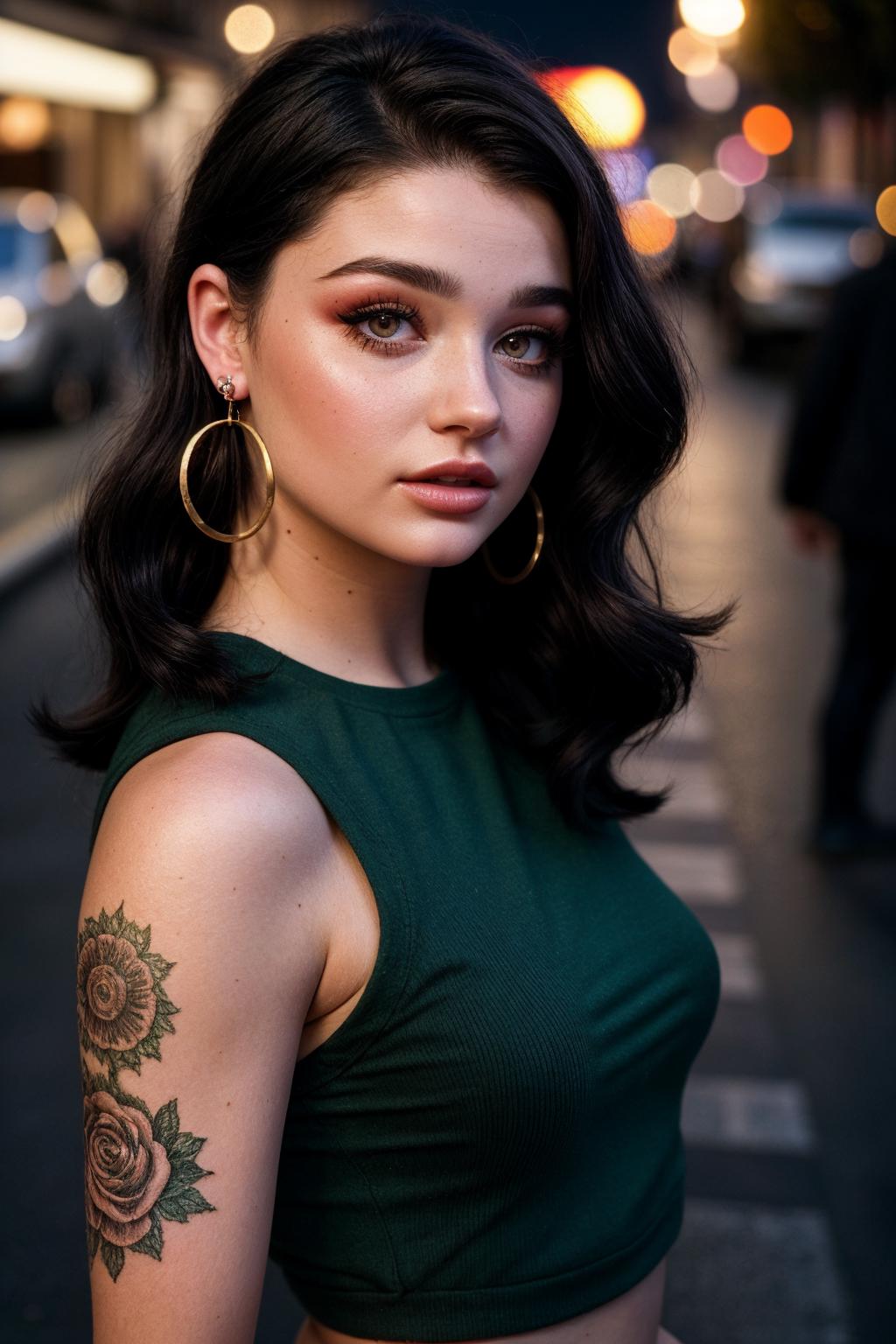 A young woman with a tattoo wearing a green shirt and large gold hoop earrings.