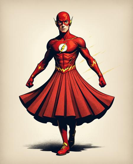 The Flash, superhero , DC Comics, 
vector, illustration, flat shading, grainy texture, grain
Minimalist vector graphic style illustration,beautiful and dreamy,inspired by Tim Burton's cartoon,
man with dance skirt 'tutu', dress
<lora:grainy-v1:0.7>
