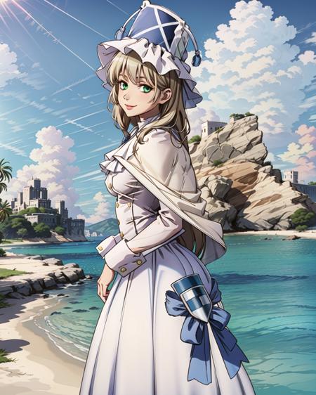 masterpiece, best quality, high quality, 2k, 4k, pmmmorikomagi, 1girl, standing, cowboy shot, looking at viewer, ((side view), standing half-turned), beach, shore, evening, sunshine, light smile, green eyes, white skirt, blonde hair, white dress with puffy skirt, long sleeves, decorative shield on skirt, high white hat with two tassels, ((shawl on shoulders)),  colorful, <lora:pmmmorikomagi-000016:0.8>