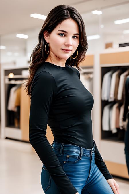 photo of beautiful young (albaerbock:0.99), a woman, (tight long sleeve top:1.2), (long jeans), in a department store, natural light, (masterpiece:1.2) (photorealistic:1.2) (best quality) (detailed skin:1.2) (intricate details) (8k) (HDR) (cinematic lighting) (sharp focus), (looking at the camera:1.1), ((closeup portrait:1.2)), hoop earrings