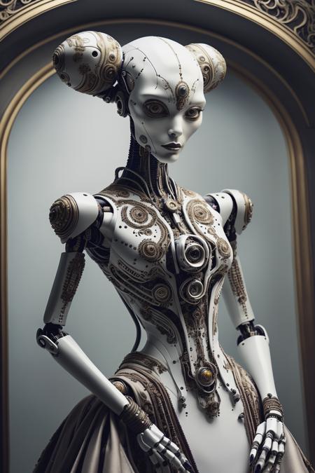 fantchar, a futuristic robotic alien as a model in a photoshoot, wearing an ornate embroidered dress, high fashion, couture, realistic, intricate, highly detailed