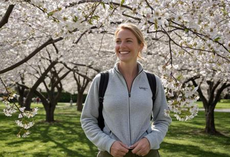 **Smithsonian Gardens - Peaceful Blossom Contemplation**
A photorealistic (8K) image of a 40-year-old woman standing quietly among the Smithsonian Gardens' cherry trees, her slender oval face and narrow straight nose profile softened by dappled sunlight filtering through petals. Her sleek blonde hair is tied back to reveal striking blue eyes surrounded by delicate laugh lines and subtle wrinkles that speak of wisdom and warmth. The detailed natural texture of her skin shows sun-kissed freckles, visible pores, and authentic smile lines - no artificial makeup masking her genuine beauty. Dressed in a soft grey zip fleece with olive shorts and hiking sandals, her floral fanny pack resting at her waist, she embodies relaxed spring elegance. Captured with a 35mm f/8 lens to render both subject and blossoming environment in sharp detail, the composition creates a serene atmosphere perfect for contemplative travel editorials.