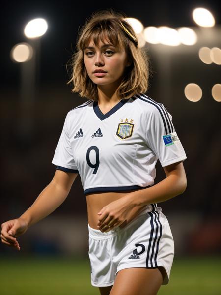 <lora:ellpur-03:1>  ellpur,brown hair,bangs,blonde hair,nighttime,wearing soccer uniform,masterpiece,bokeh,8k,uhd