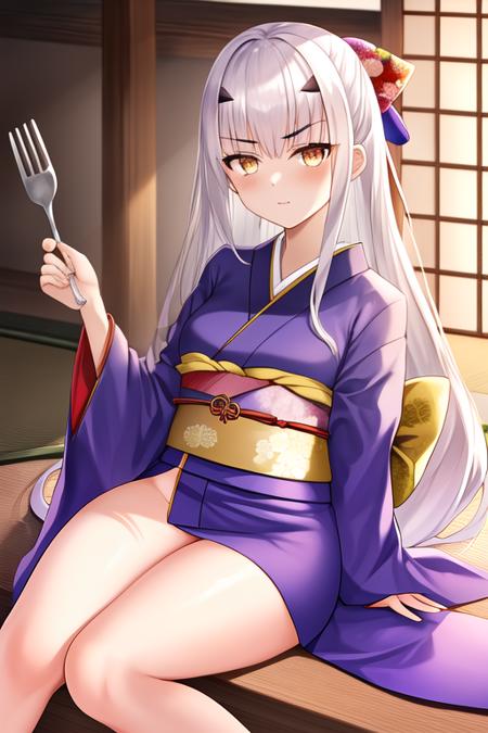 masterpiece, best quality, highres, solo, {tam_lin_lancelot_fgo:1.10}, long_hair, white_hair, bangs, breasts, sidelocks, small_breasts, forked_eyebrows, brown_eyes, thighs, yellow_eyes, 1girl, japanese_clothes, kimono, long_sleeves, looking_at_viewer, purple_kimono, wide_sleeves, sash