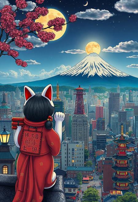 japanese city beautiful  landscape, noon, woman, very intricate, very detailed, sharp, bright, colorful,  mt fuji, tokyo, maneki neko watching from the roof of a building,
