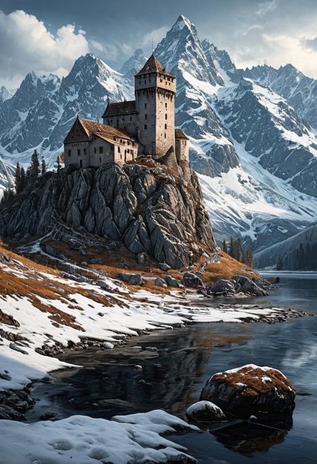 hyperrealistic art  a wanderer between worlds in flowing clothes, (epic landscape:1.5),  (style Historical drawing), (style Historical painting),best quality, masterpiece, extremely detailed,  professional  art,  professional painting, an extremely delicate and beautiful, dynamic,  great lighting, perfect shading, professional shading, depth of field,   side soft light, elegant, gorgeous, highly detailed,   full shot, uncropped,   pure genious, absolutely perfect,  highly detailed, breathtaking,
Frozen lake with crack patterns, birch bark peeling scrolls, stone tidal fish trap,mountain-pass fortress remains where avalanche-sculpted battlements host condor nests, their strategic positions still contested by territorial eagle sentries , extremely high-resolution details, photographic, realism pushed to extreme, fine texture, incredibly lifelike