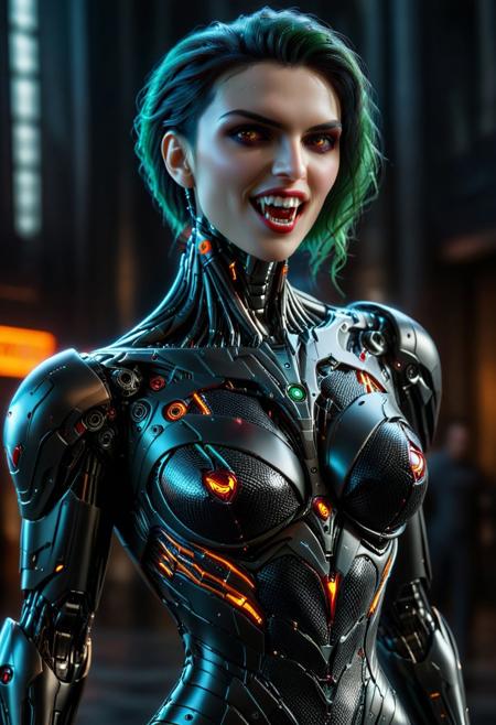 photorealistic, Ultra-HD-details, masterpiece.  Vampire woman, (Marvel \Hela), happy smiles, lips ajar, perfect vampire fangs, ((carbon fiber mechanical cyborg body, full robot body)), (dynamic pose), (realistic:1.0), (best quality real texture skin), full body, highly detailed skin, (highly detailed face:1.0), (highly detailed eyes:1.0), (perfect anatomy:1.0), (perfect proportions:1.0), (photography:1.0), (photorealistic:1.0), in the background a large cyber city, (highres:1.0), sharp focus, daylight, (realistic, hyperrealistic:1.0), intricate, high detail, dramatic, ((full Sharp)), 8k hdr