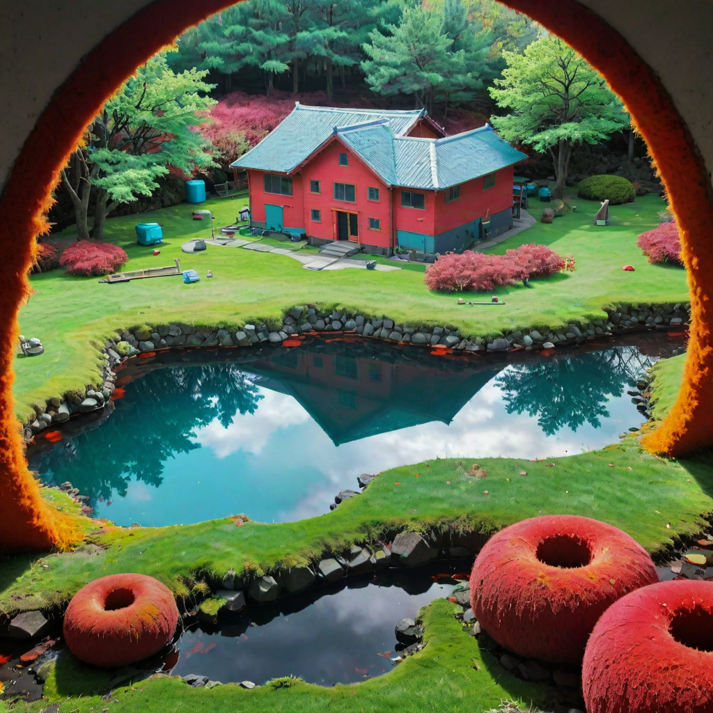 anime key visual, fairy tale, landscape of a Verdant Plush Charcoal and Ruby Red (Kjeragbolten:1.3) from inside of a Laboratory, Teal water with Sycamore, Spring, Shameful, Decora, Reflected light, macro lens, Fujicolor, Orange paint splotches, cosmic energy, artstation, wallpaper, (stylized by Krenz Cushart:0.9) , (Yoshitoshi Abe:0.9)