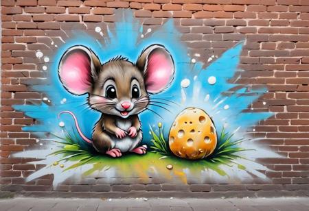 graffiti, pastel, graffiti on a brick wall, spray paint on a wall, colored graffiti, street art, spray paint, street canvas, graffiti artist, graffiti art, spray art, spray art, (((old worn out brick wall: 1.4))). Moral on the wall of the house. fine lines and shading, Cute little Kawaii Chibi mouse, sitting on a mushroom and eating a piece of cheese, earthy tones, very cute
