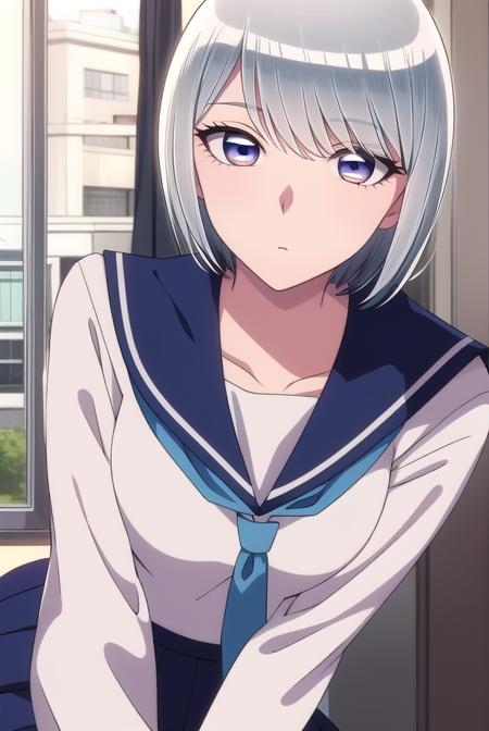 eleonore, short hair, white hair, (white  eyes:1.5), skirt, school uniform, serafuku, socks, blue shirt, blue skirt, white necktie, long sleeves, bare shoulders, sleeveless, belt, pants, crop top, denim, jeans, necktie, collared shirt,  navel, midriff, collar, sports bra, pants,