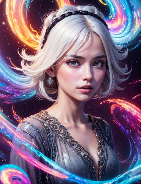 masterpiece, best quality, intricate details, glamour shot of upper body of a woman with white hair (detailed face) wearing a dress in church, style-swirlmagic, (vivid colors:1.3), (sharp focus, realistic: 1.3), (extremely complex: 1. 2) intricate and fine details, her long iridescent white hair is coiled into a bun, surrounded by fiery swirling magic