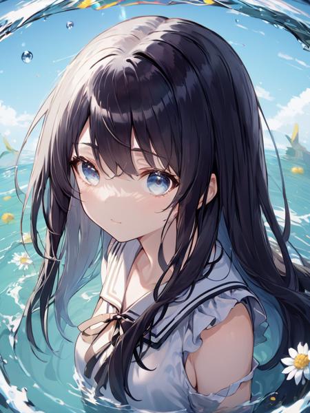 extremelyÂ detailedÂ CGÂ unityÂ 8kÂ wallpaper,bestÂ qualityï¼noon,beautifulÂ detailedÂ Â waterï¼longÂ blackÂ hairï¼beautifulÂ detailedÂ girlï¼serafuku,viewÂ straightÂ on,eyeball,hairÂ flower,closeÂ up,