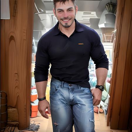 solo, looking at viewer, smile, shirt, 1boy, standing, male focus, teeth, collared shirt, pants, indoors, bag, grin, black eyes, black shirt, window, facial hair, denim, beard, sleeves rolled up, watch, jeans, realistic, wristwatch  <lora:Luigi Baricelli:1>