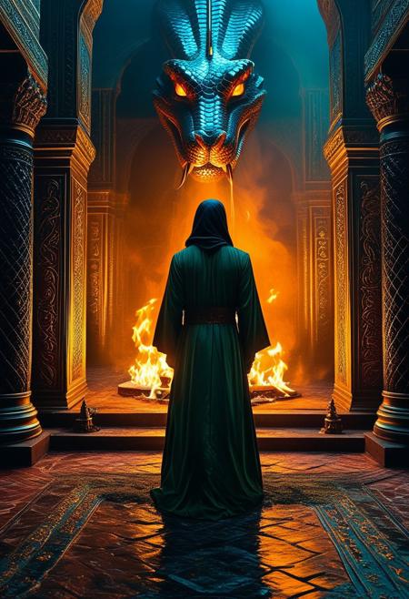 In a lavish Arabian palace, a sultan in opulent robes conducts a forbidden ritual, summoning a demonic entity. The demon, a figure of smoldering shadows, offers untold riches in exchange for unspeakable sacrifices., 
Inspired by the adventurous spirit of 'Indiana Jones' and infused with the ominous, otherworldly mystique of H.P. Lovecraft's universe. Picture a setting that merges the charm and camp of 1980s adventure films with the eerie, dreamlike quality of Lovecraftian horror. Visualize scenes where subtle yet powerful magic underlies the reality, evoking a sense of ancient, unfathomable forces lurking beneath everyday appearances. This blend captures the essence of a surreal, 80s-style cinematic world where every corner hides a hint of mystical wonder and dark, arcane secrets
break
giant snake head