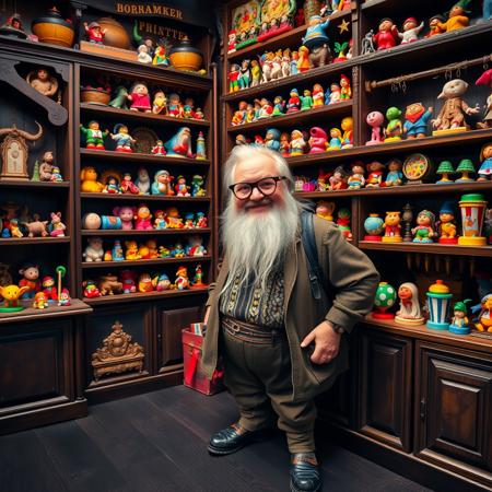 the toymaker, a stout cheerful looking man with round glasses and a long white beard, stands proudly next to an ancient, dark wood, floor to ceiling, shelf unit, on the shelves are displayed many beautiful and magical toys, black wood floorboards, vibrant colours,