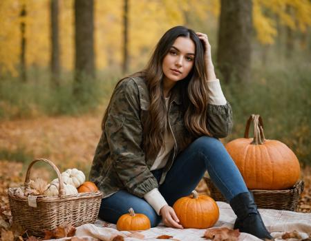 photograph landscape photography of a young woman with ((long hair)) In camo wear, military-inspired, blending in yet standing out., dressed in textured fabric, autumn leaves, picnic setting, carved pumpkins, basket, wine bottle, scattered fruits, woodland scenery, sitting, one knee raised, looking at camera, centered subject, eye-level shot, straight angle, clear perspective, in a dreamlike world where anything is possible and the impossible is real baroque, Neutral color palette, (solo focus, one frame), plasma, (detailed face:1.3), (hero view:1.2), shot on Nikon Z7 with Nikon Z 70-200mm f-2.8 VR S, 50mm . cinematic 4k epic detailed 4k epic detailed photograph shot on kodak detailed cinematic hbo dark moody, 35mm photo, grainy, vignette, vintage, Kodachrome, Lomography, stained, highly detailed, found footage, cinematic still landscape photography of a young woman with ((long hair)) In camo wear, military-inspired, blending in yet standing out., dressed in textured fabric, autumn leaves, picnic setting, carved pumpkins, basket, wine bottle, scattered fruits, woodland scenery, sitting, one knee raised, looking at camera, centered subject, eye-level shot, straight angle, clear perspective, in a dreamlike world where anything is possible and the impossible is real baroque, Neutral color palette, (solo focus, one frame), plasma, (detailed face:1.3), (hero view:1.2), shot on Nikon Z7 with Nikon Z 70-200mm f-2.8 VR S . emotional, harmonious, vignette, 4k epic detailed, shot on kodak, 35mm photo, sharp focus, high budget, cinemascope, moody, epic, gorgeous, film grain, grainy