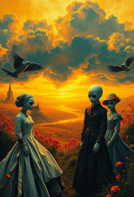 A majestic golden-lit panorama, filled with eerie characters dressed in Victorian costumes, their overly smooth, doll-like faces contrasting starkly with the realism of the landscape.
vibrant abstract color fields with hidden surreal illusions, clever negative space blending into geometric brushstrokes, luminous structured patterns with conceptual storytelling, bold minimalist shapes infused with rhythmic organic movement, bright expressive color palette with poetic simplicity