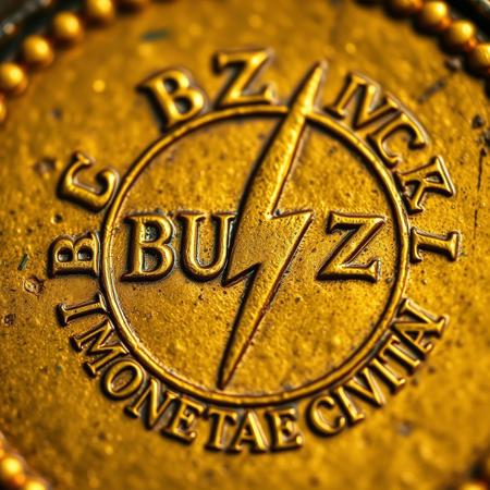 Closeup of a ancient Rome detoriated gold coin with lightning bolt symbol and text in ancient font saying BUZZ, text in around in circle shape saying "MONETAE CIVITAI", realistic, masterpiece, dramatic light, depth of field