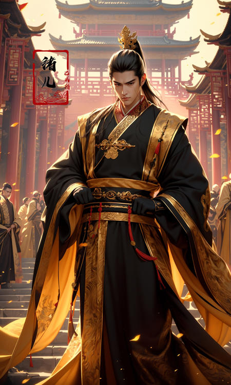 Epic CG masterpiece, A Chinese Tang dynasty emperor,by guopei Wuxia,handsome, MAX Masculinity, straight crown, golden Taoist robe, palace background, Tang dynasty, royal, dynamic poses, stunning colors, 3D rendering, surrealism, cinematic lighting effects, realism, 00 renderer, super realistic,
<lora:~Q?-vY*[Proyal:0.9>