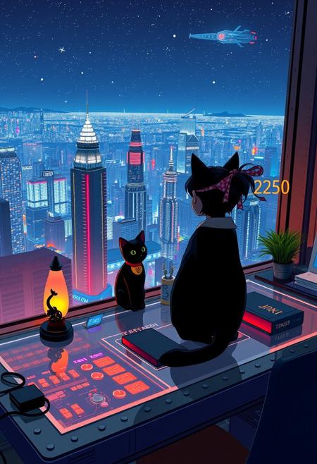 Jiji, the cat from Kiki's Delivery Service sits on a cluttered metal riveted desk with transparent top and rgb led computer components visible inside, On the desk are a maneki neko statue and a lava lamp, Jiji the Black Cat is looking out of a seamless and futuristic floor to ceiling window that looks out at a very high view from an apartment on the 400th floor of a futuristic Tokyo skyscraper, the year is 2250, The city has thousands of enormous wide and tall futuristic skyscrapers and space ships covered with lights in the sky, (((Kiki from Kiki's Delivery Service, 24 years old, is standing behind the desk looking out at the enormous city at night next to Jiji, filled with buildings of many shapes and sizes, some over a mile tall))), Kiki is dressed in an ornate Japanese style bath robe. An enormous deco starship with futuristic lighting and design is visible high above the city, and a space station is visible in the background among the stars, The woman's hair is messy from just waking up and tied up with a ribbon. Artistic cyberpunk, dynamic perspective, The focus is on Jiji and Kiki standing together looking out the window at the view together, (((overall architectural aesthetic is Art Deco Cyberpunk))).  Mt Fuji can be seen in the far distance,