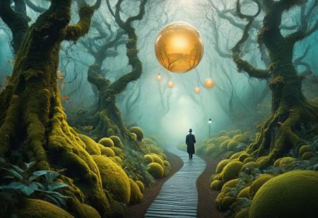 a surreal and ethereal digital painting of a mysterious forest with towering trees, glowing orbs, and a lone figure walking along a winding path, surrounded by swirling mist and surreal creatures. Inspired by the works of Salvador Dali, Max Ernst, and Remedios Varo, with a dreamlike atmosphere and intricate details.