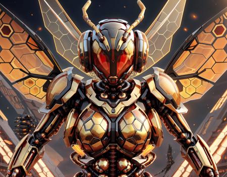 <lora:try-artist-richy-v1:0.65>  honeytech, honey, scifi <lora:HoneyTech:0.75>  ,(from front) ,[Burning coliseum, sacrificial arena, fighting for glory, towering (hornet demon), fiery red eyes, obsidian scales, clad in spiked armor], [sweating], [tears], [helmet]