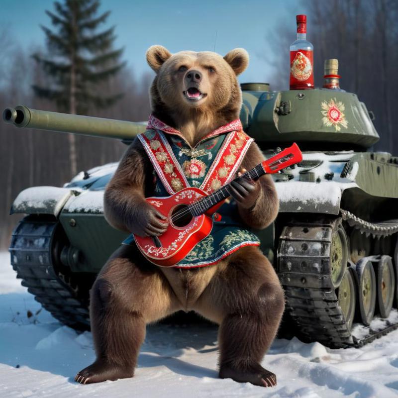 A brown bear playing a guitar in front of a green tank.