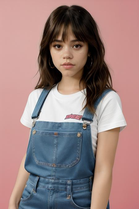 jenna ortega, long hair, bangs, 
pink overalls, studs, t shirt, detailed skin, young, 
headshot, simple solid background, closeup head-shot, realistic,
 <lora:Jenna_Ortega_V1:0.7>, <lora:breastsizeslideroffset:-0.6>