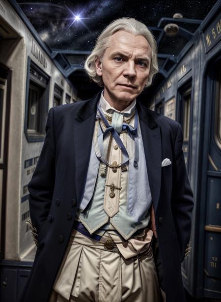 w1llhar1, solo, looking at viewer, shirt, 1boy, closed mouth, jacket, upper body, white hair, male focus, sky, parody, formal, suit, star (sky), realistic, space, old, old man, train, wrinkled skin