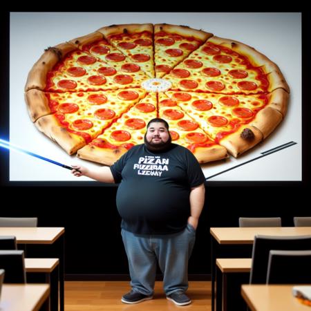 fat man, presentation, screen, realistic, holding pointer, laser pointer, in front of a large screen, pizza on it, <lora:Presentation _v1:0.5>