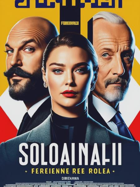 <lyco:MoviePoster:1.0> An award-winning spy-themed docudrama movie poster, starring Corey Stoll with Moustache and receding hairline, Florence Pugh, Rutger Hauer, and Jonathan Banks with beard and hair, Slovak movie, Romanian movie, 2023 release poster, modern classic