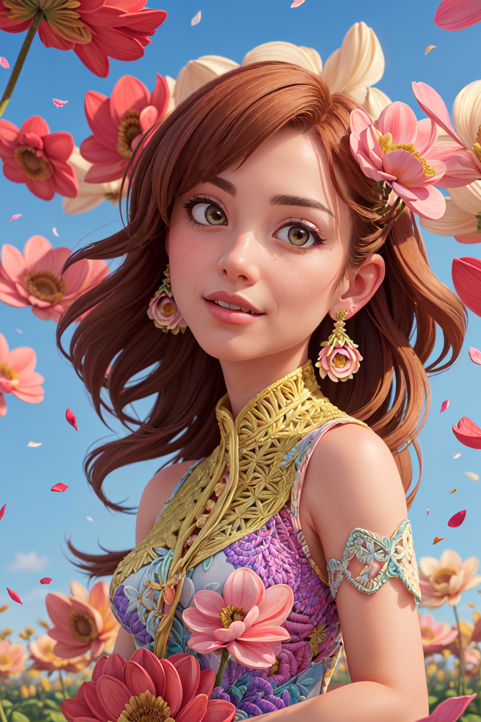 best quality, hires, extremely detailed, detailed background, diffused natural lighting, (flower field, flower petals, sur...