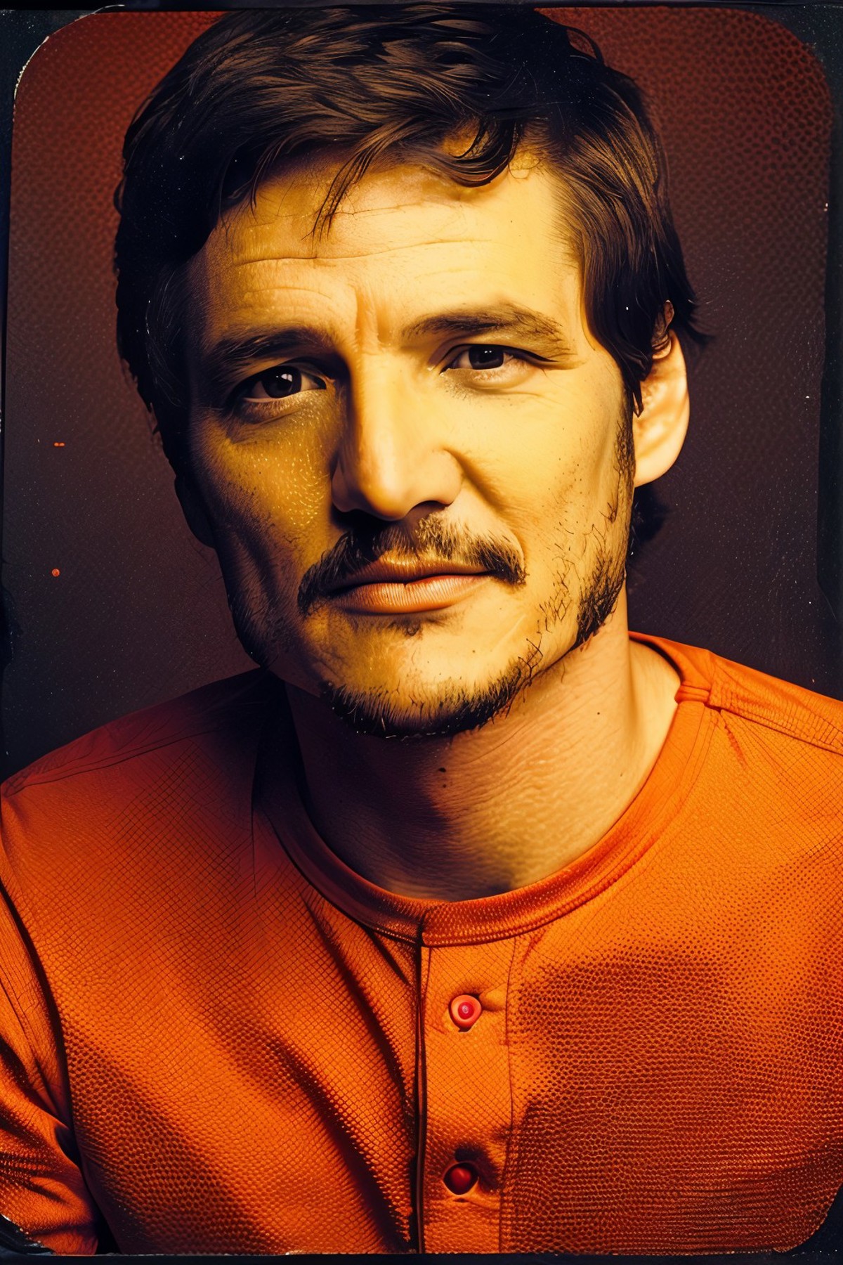 a photo of a Pedro Pascal <lora:PedroPascal:1>>, analog camera, ((portrait, full color, bold color, orange, red, gradient)...