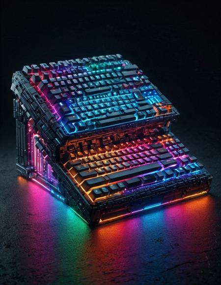 rgb keyboard, futuristic design, translucent materials, glowing circuitry, abstract background, energy particles, sci-fi aesthetic, volumetric lighting, detailed surface, smooth gradients <lora:RGB_Keyboard_themed:1>