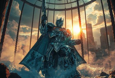 Ice Knight in an iron cage, surrounded by smoke and crepuscular rays, with a water torrent background; action shot featuring Optimus Prime and ancient ruins, enhanced for smartphone photography, 4K resolution, dynamic pose, intentional focus, captivating lighting, vivid emotions, and trending on Artstation. Additionally, the image features a red aura, unreal engine 5, cinematic composition, 8k resolution, detailed oil painting, environment concept art, handcrafted precision, lifelike details, splash ink illustration, and houdini style.