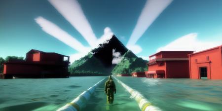 <lora:15ParralelDimensions:1>parallel dimension: a person walking through a body of water with a mountain in the background
