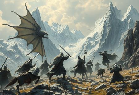 best quality,(Luis Royo style), masterpiece, extremely detailed, an extremely delicate and beautiful, dynamic, realistic anatomy, great lighting, perfect shading, professional shading, depth of field, Epic heroic-fantasy battle in mountains with orcs and elfs and knights fighting each other, pure genious, absolutely perfect, gentle, highly detailed, breathtaking
